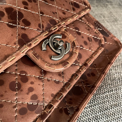 CHANEL 26S CLASSIC FLAP BAG 26 IN BROWN SPLATTER PRINT CALFSKIN DARK SILVER HARDWARE