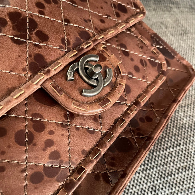CHANEL 26S CLASSIC FLAP BAG 26 IN BROWN SPLATTER PRINT CALFSKIN DARK SILVER HARDWARE