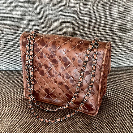 CHANEL 26S CLASSIC FLAP BAG 26 IN BROWN SPLATTER PRINT CALFSKIN DARK SILVER HARDWARE