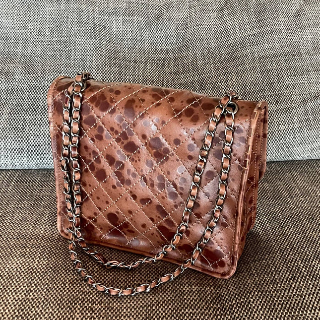 CHANEL 26S CLASSIC FLAP BAG 26 IN BROWN SPLATTER PRINT CALFSKIN DARK SILVER HARDWARE