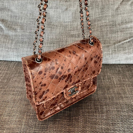 CHANEL 26S CLASSIC FLAP BAG 26 IN BROWN SPLATTER PRINT CALFSKIN DARK SILVER HARDWARE