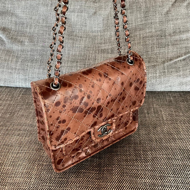 CHANEL 26S CLASSIC FLAP BAG 26 IN BROWN SPLATTER PRINT CALFSKIN DARK SILVER HARDWARE