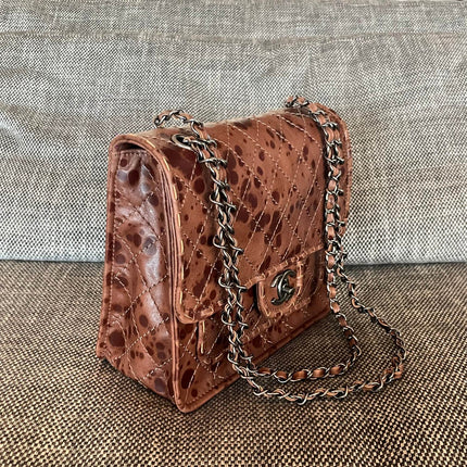 CHANEL 26S CLASSIC FLAP BAG 26 IN BROWN SPLATTER PRINT CALFSKIN DARK SILVER HARDWARE