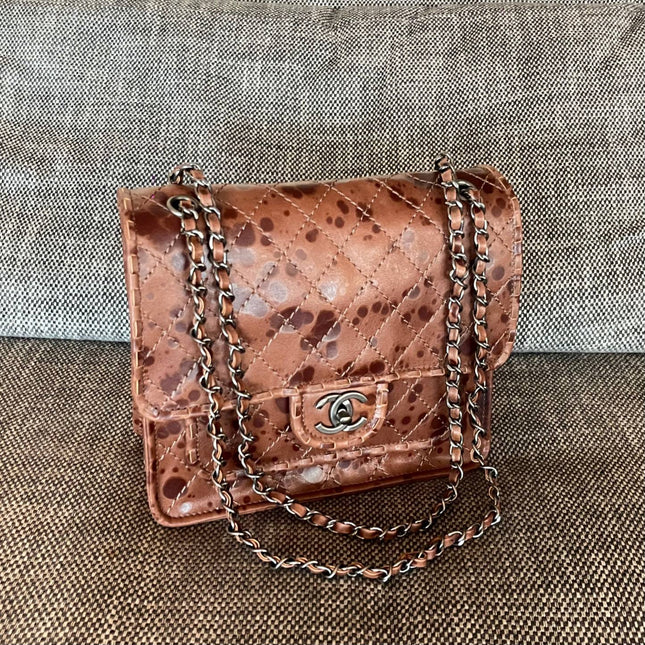 CHANEL 26S CLASSIC FLAP BAG 26 IN BROWN SPLATTER PRINT CALFSKIN DARK SILVER HARDWARE