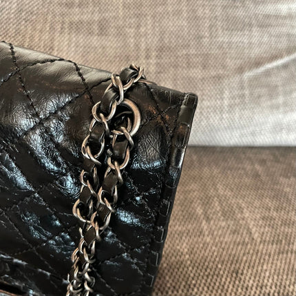 CHANEL 26S CLASSIC FLAP BAG 26 IN BLACK AGED CRINKLED CALFSKIN DARK SILVER HARDWARE