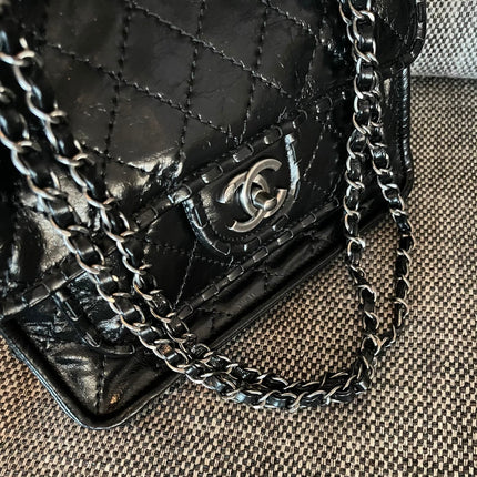 CHANEL 26S CLASSIC FLAP BAG 26 IN BLACK AGED CRINKLED CALFSKIN DARK SILVER HARDWARE