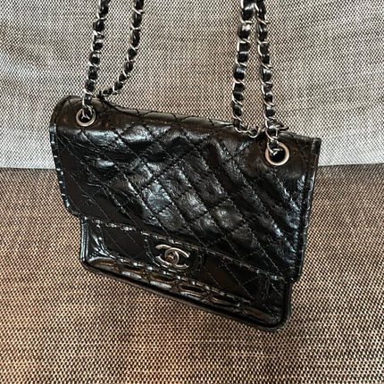 CHANEL 26S CLASSIC FLAP BAG 26 IN BLACK AGED CRINKLED CALFSKIN DARK SILVER HARDWARE