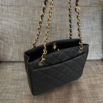 CHANEL 26S QUILTED SHOPPING TOTE BAG 28 IN BLACK CAVIAR CALFSKIN GOLD HARDWARE