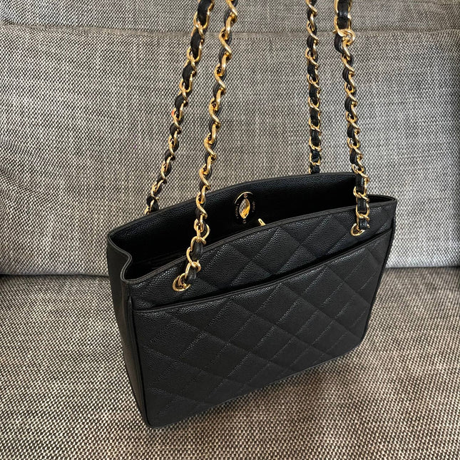 CHANEL 26S QUILTED SHOPPING TOTE BAG 28 IN BLACK CAVIAR CALFSKIN GOLD HARDWARE