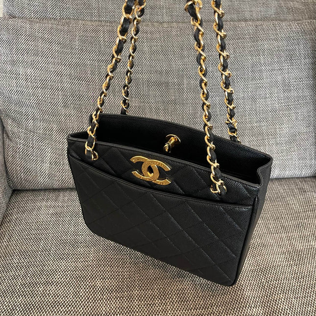 CHANEL 26S QUILTED SHOPPING TOTE BAG 28 IN BLACK CAVIAR CALFSKIN GOLD HARDWARE