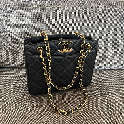 CHANEL 26S QUILTED SHOPPING TOTE BAG 28 IN BLACK CAVIAR CALFSKIN GOLD HARDWARE