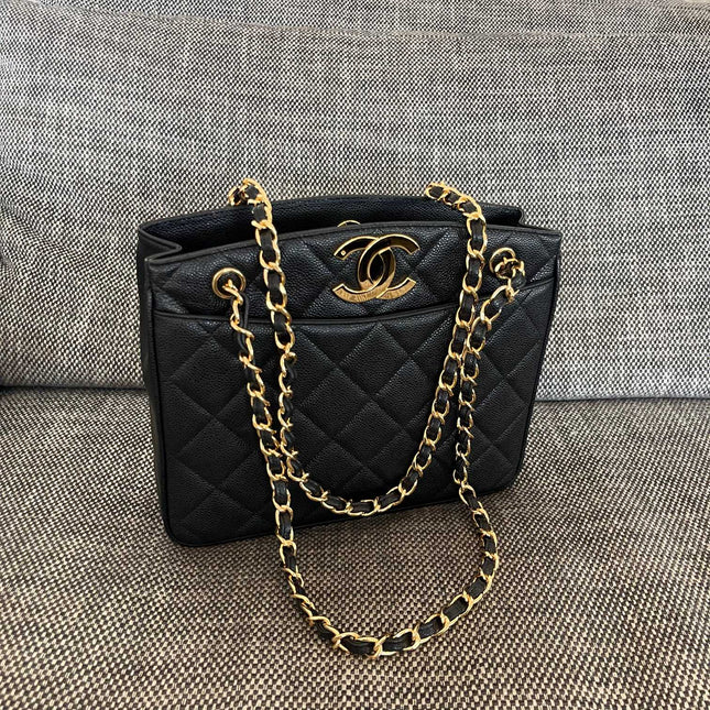 CHANEL 26S QUILTED SHOPPING TOTE BAG 28 IN BLACK CAVIAR CALFSKIN GOLD HARDWARE