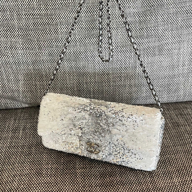 CHANEL 26S SEQUIN WOC 24 IN WHITE SILVER SEQUIN SILVER HARDWARE