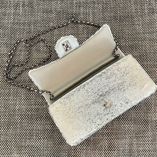 CHANEL 26S SEQUIN WOC 24 IN WHITE SILVER SEQUIN SILVER HARDWARE