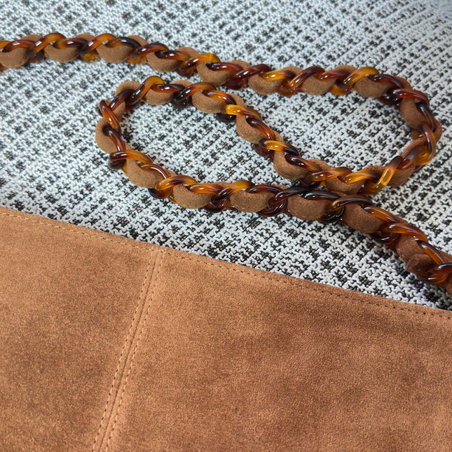 CHANEL 26S LARGE HOBO BAG 33 IN COGNAC BROWN SUEDE TORTOISE RESIN CHAIN