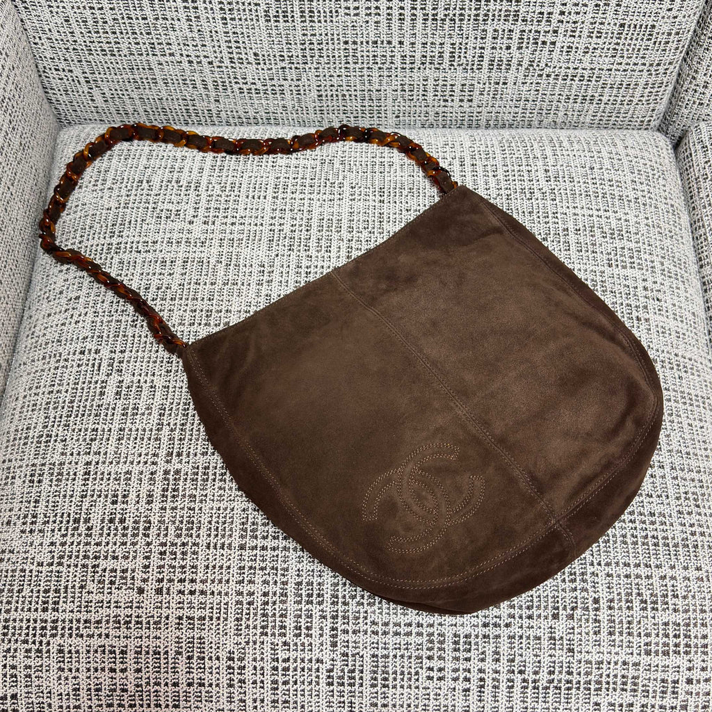 CHANEL 26S LARGE HOBO BAG 33 IN DARK BROWN SUEDE TORTOISE RESIN CHAIN