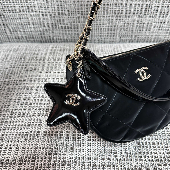 CHANEL 26S STAR CHARM HALF MOON SHOULDER BAG 20 IN BLACK SATIN GOLD HARDWARE