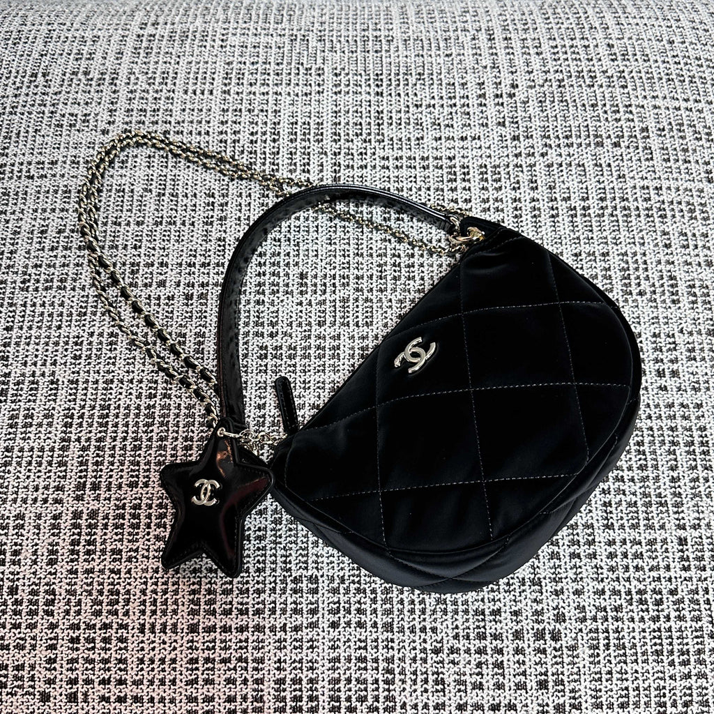 CHANEL 26S STAR CHARM HALF MOON SHOULDER BAG 20 IN BLACK SATIN GOLD HARDWARE