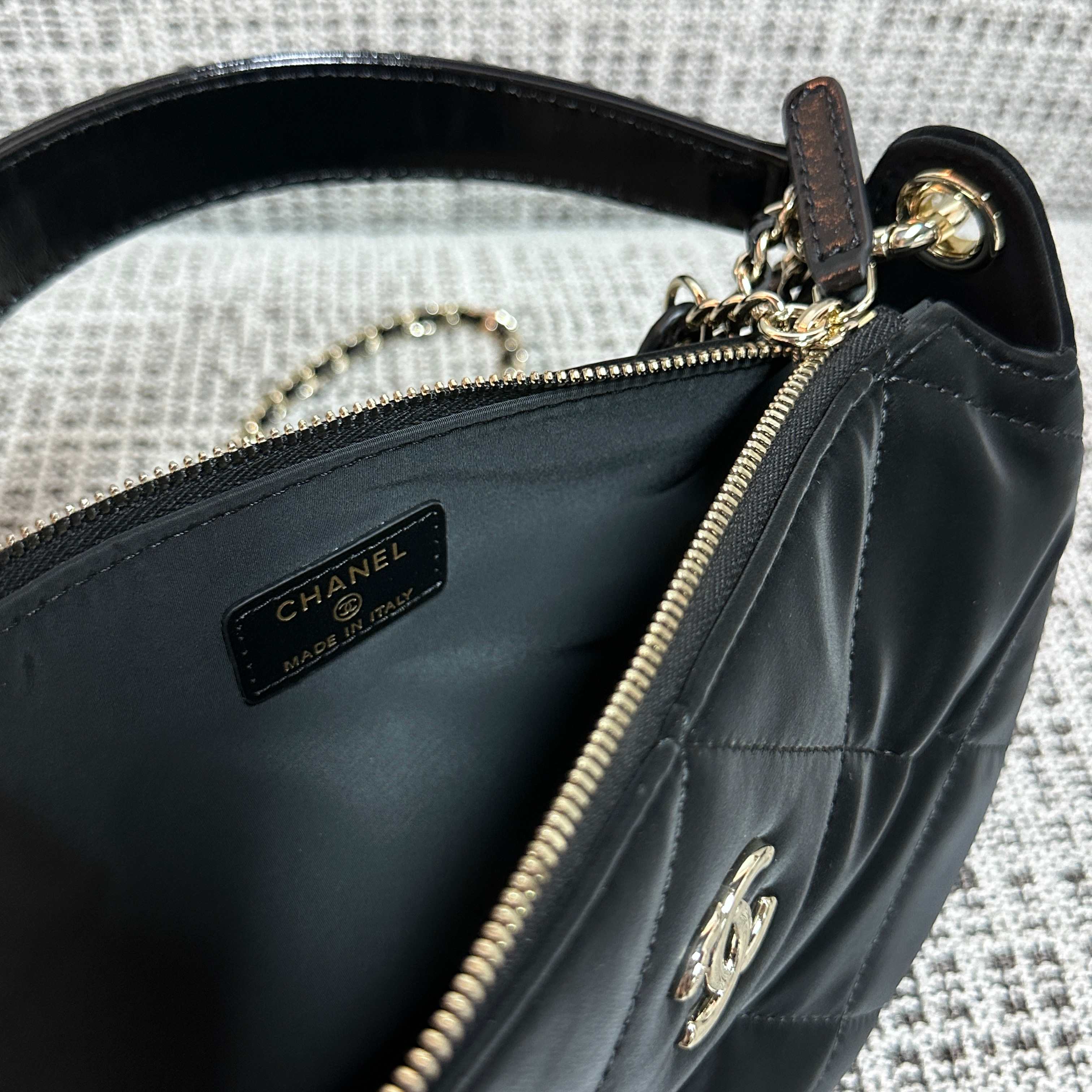 CHANEL 26S STAR CHARM HALF MOON SHOULDER BAG 20 IN BLACK SATIN GOLD HARDWARE