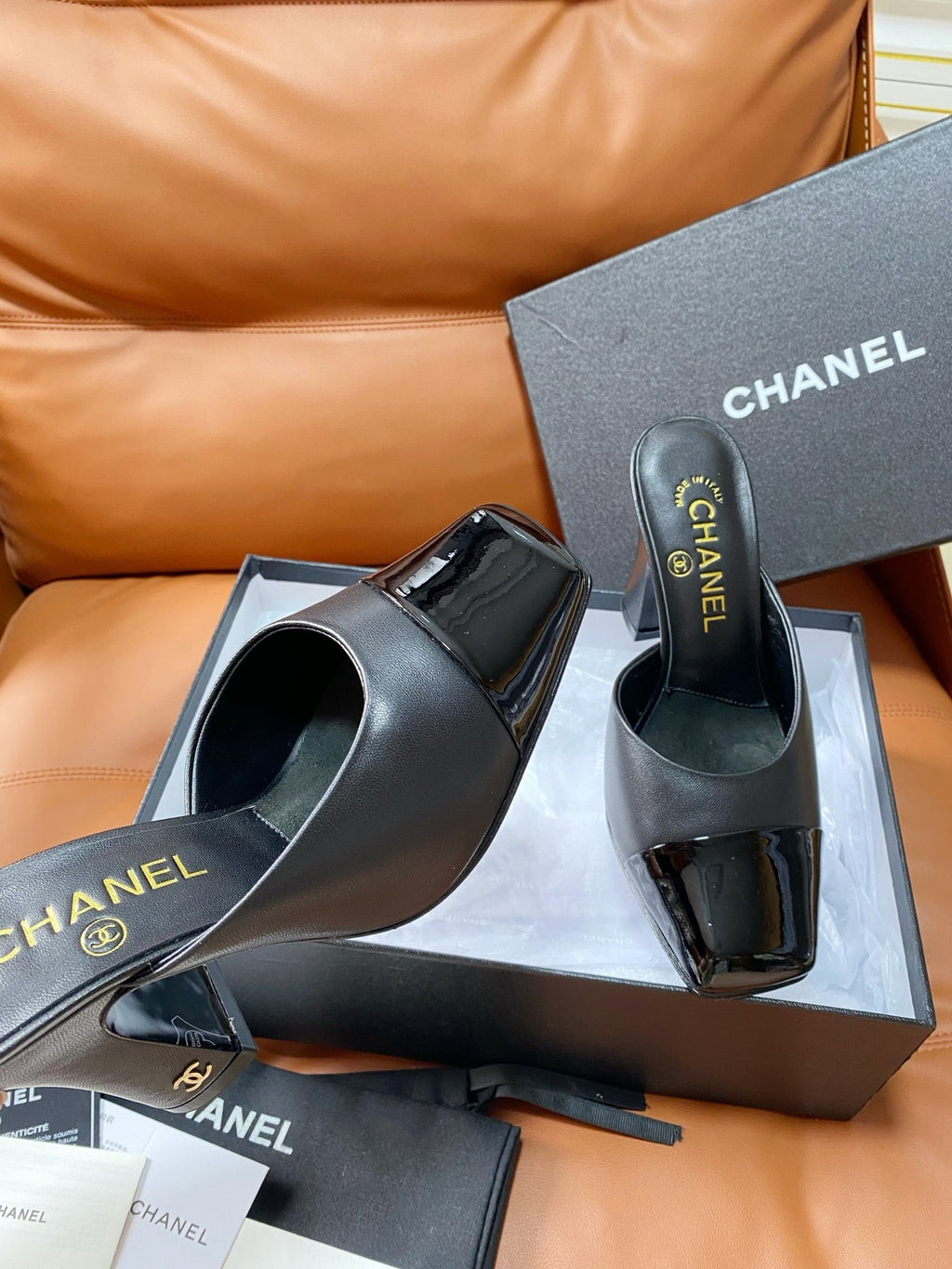 CHANEL 26S HIGH-HEEL MULES 90 MM IN BLACK LAMBSKIN