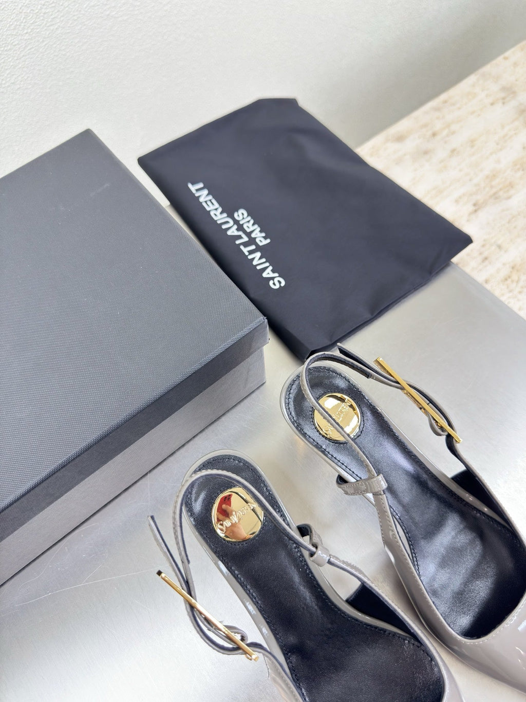 YSL 26S SLINGBACK HIGH HEELS 75 MM IN GREY GLOSSY CALFSKIN
