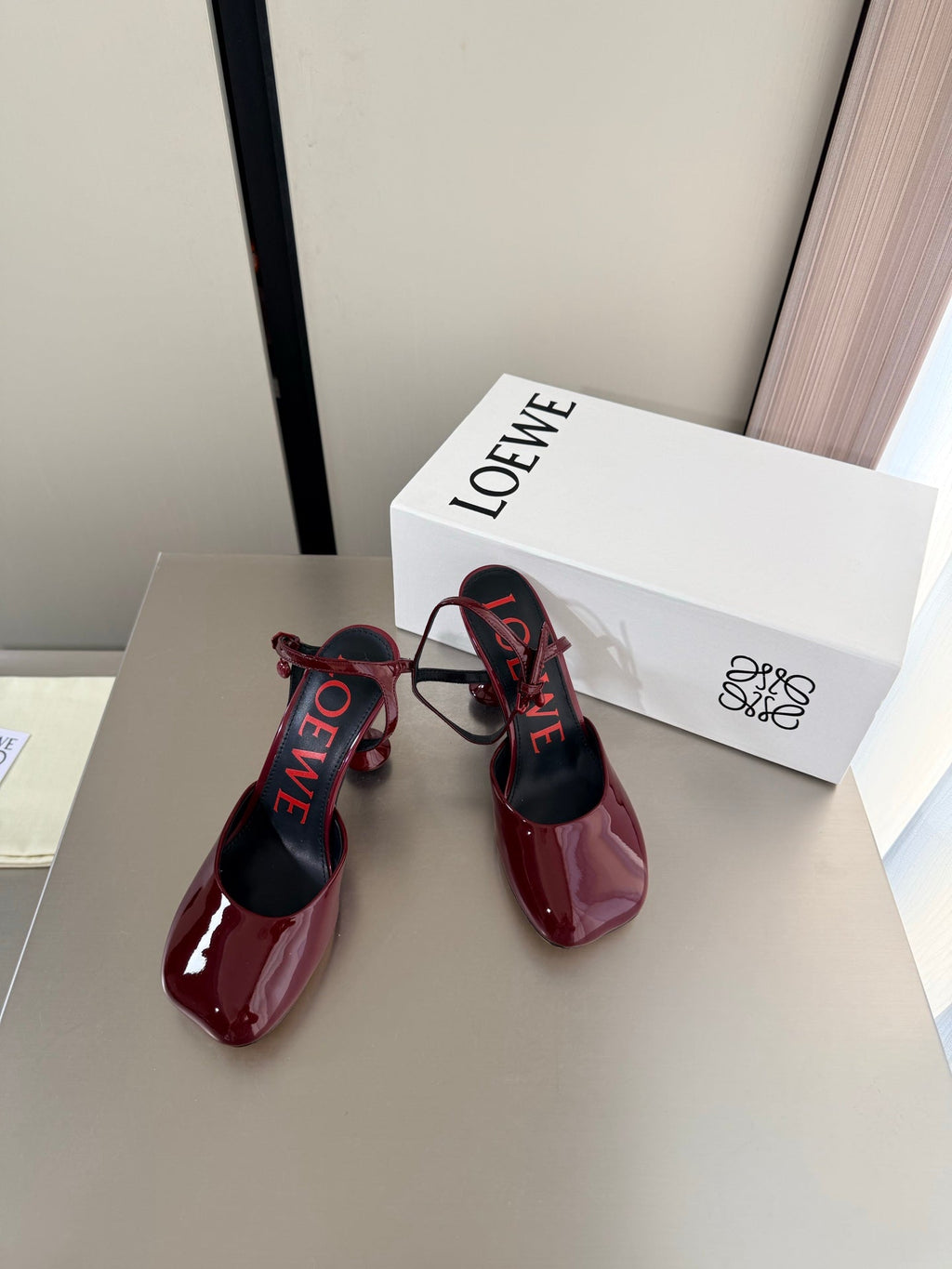 LOEWE 26S SLINGBACK HIGH HEEL PUMPS 60MM IN BURGUNDY RED PATENT CALFSKIN