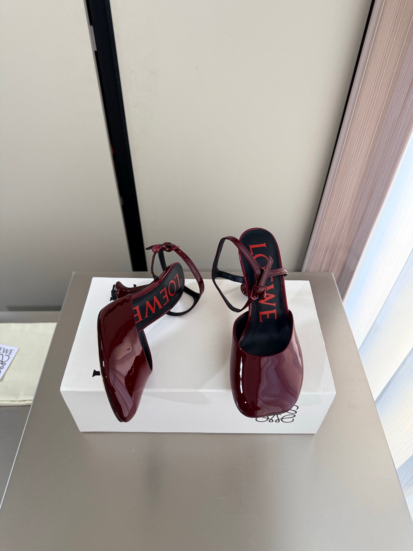 LOEWE 26S SLINGBACK HIGH HEEL PUMPS 60MM IN BURGUNDY RED PATENT CALFSKIN