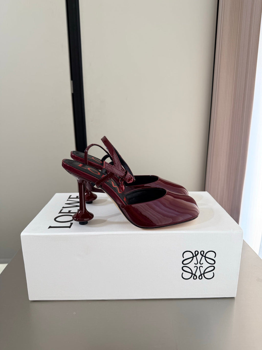 LOEWE 26S SLINGBACK HIGH HEEL PUMPS 60MM IN BURGUNDY RED PATENT CALFSKIN