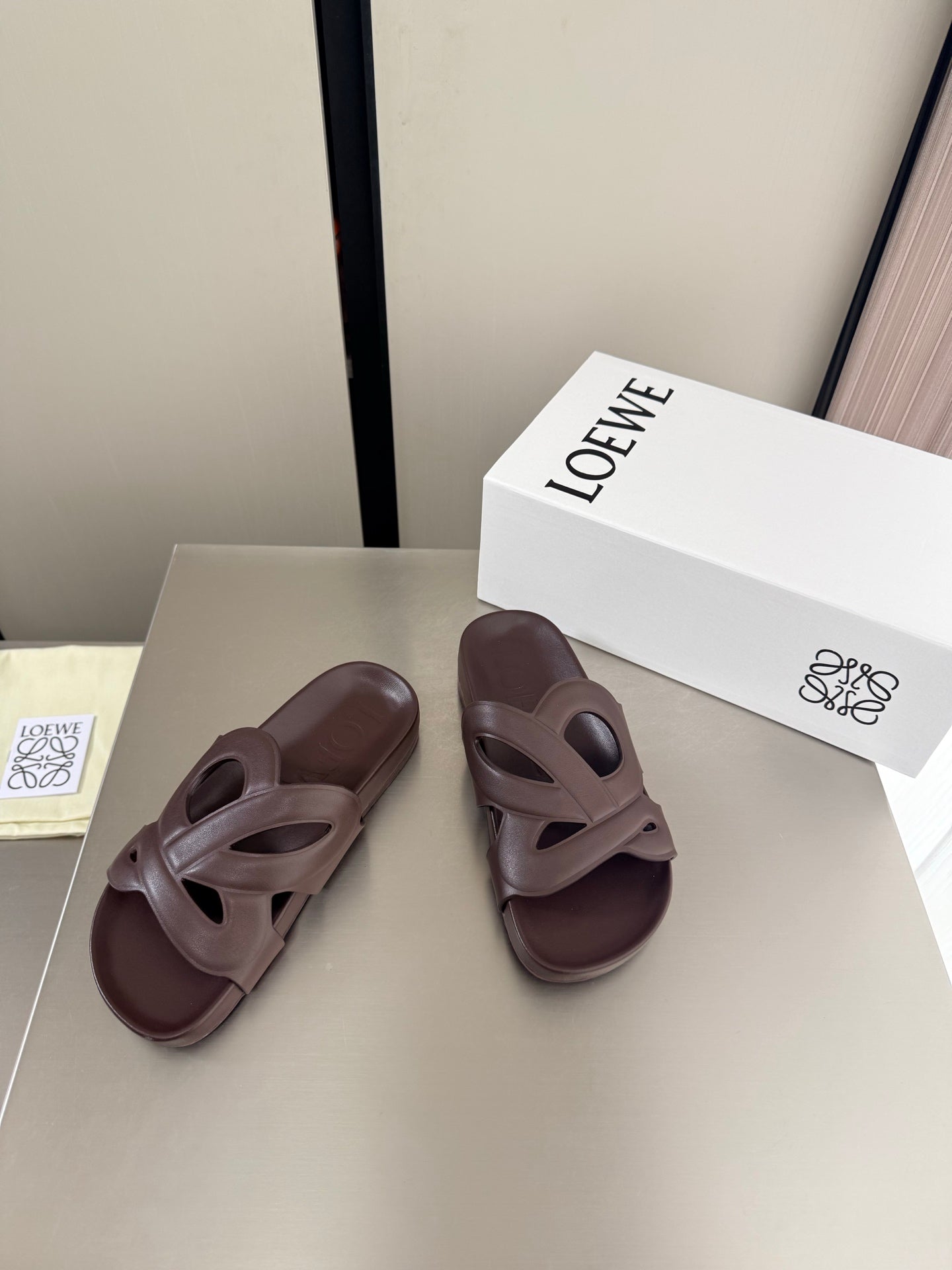 LOEWE 26S SLIDE SANDALS 30MM IN DARK BROWN CALFSKIN