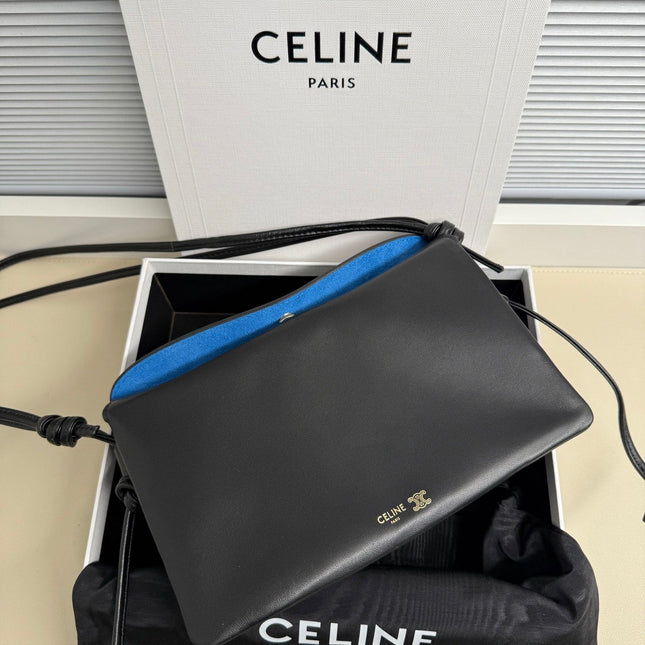 CELINE 25S TRIO FLAP 22MM IN BLACK SMOOTH LAMBSKIN GOLD HARDWARE