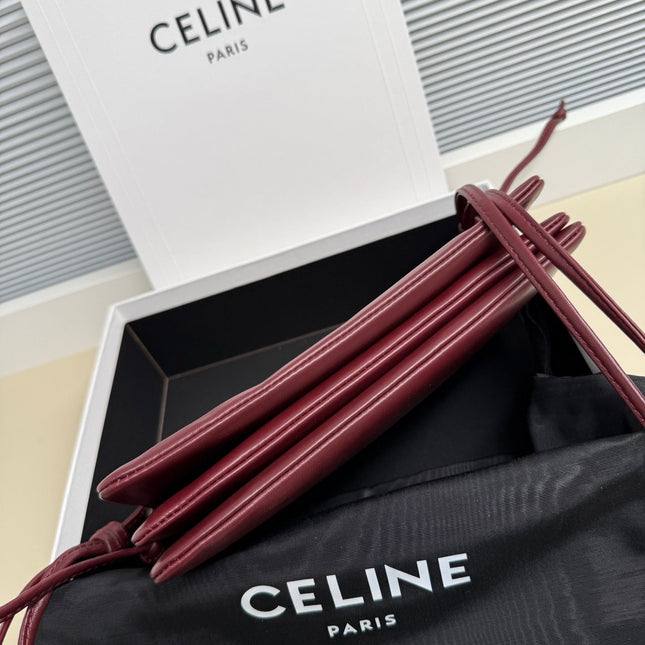 CELINE 25S TRIO FLAP 22MM IN DARK RED SMOOTH LAMBSKIN GOLD HARDWARE
