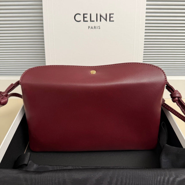 CELINE 25S TRIO FLAP 22MM IN DARK RED SMOOTH LAMBSKIN GOLD HARDWARE