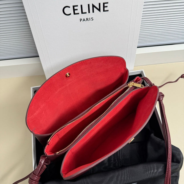 CELINE 25S TRIO FLAP 22MM IN DARK RED SMOOTH LAMBSKIN GOLD HARDWARE