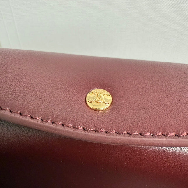 CELINE 25S TRIO FLAP 22MM IN DARK RED SMOOTH LAMBSKIN GOLD HARDWARE