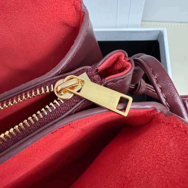 CELINE 25S TRIO FLAP 22MM IN DARK RED SMOOTH LAMBSKIN GOLD HARDWARE