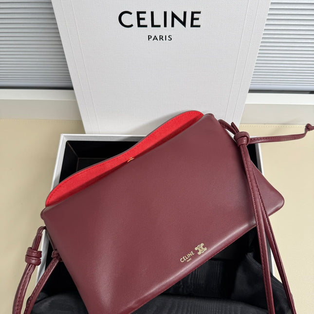CELINE 25S TRIO FLAP 22MM IN DARK RED SMOOTH LAMBSKIN GOLD HARDWARE