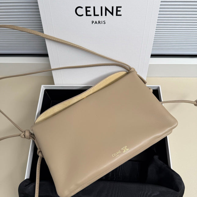 CELINE 25S TRIO FLAP 22MM IN DARK BEIGE SMOOTH LAMBSKIN GOLD HARDWARE