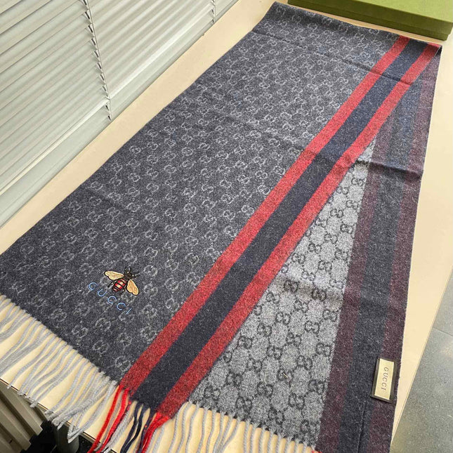 STRIPED SCARF 200 CM IN DARK GRAY CASHMERE WITH EMBROIDERED BEE 398533
