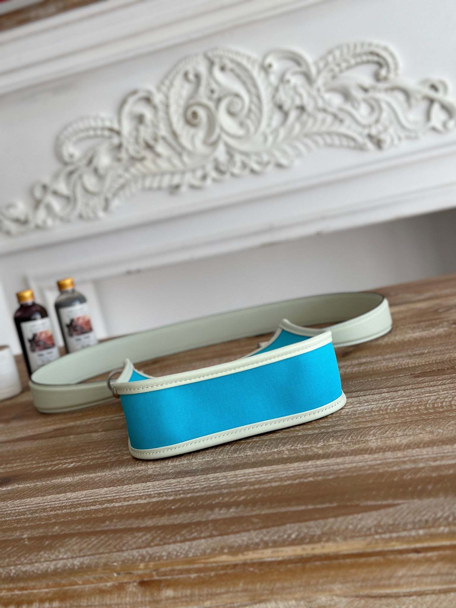 MINI NEO 17 EVELYNE BAG IN SKY BLUE CANVAS AND WHITE CALFSKIN