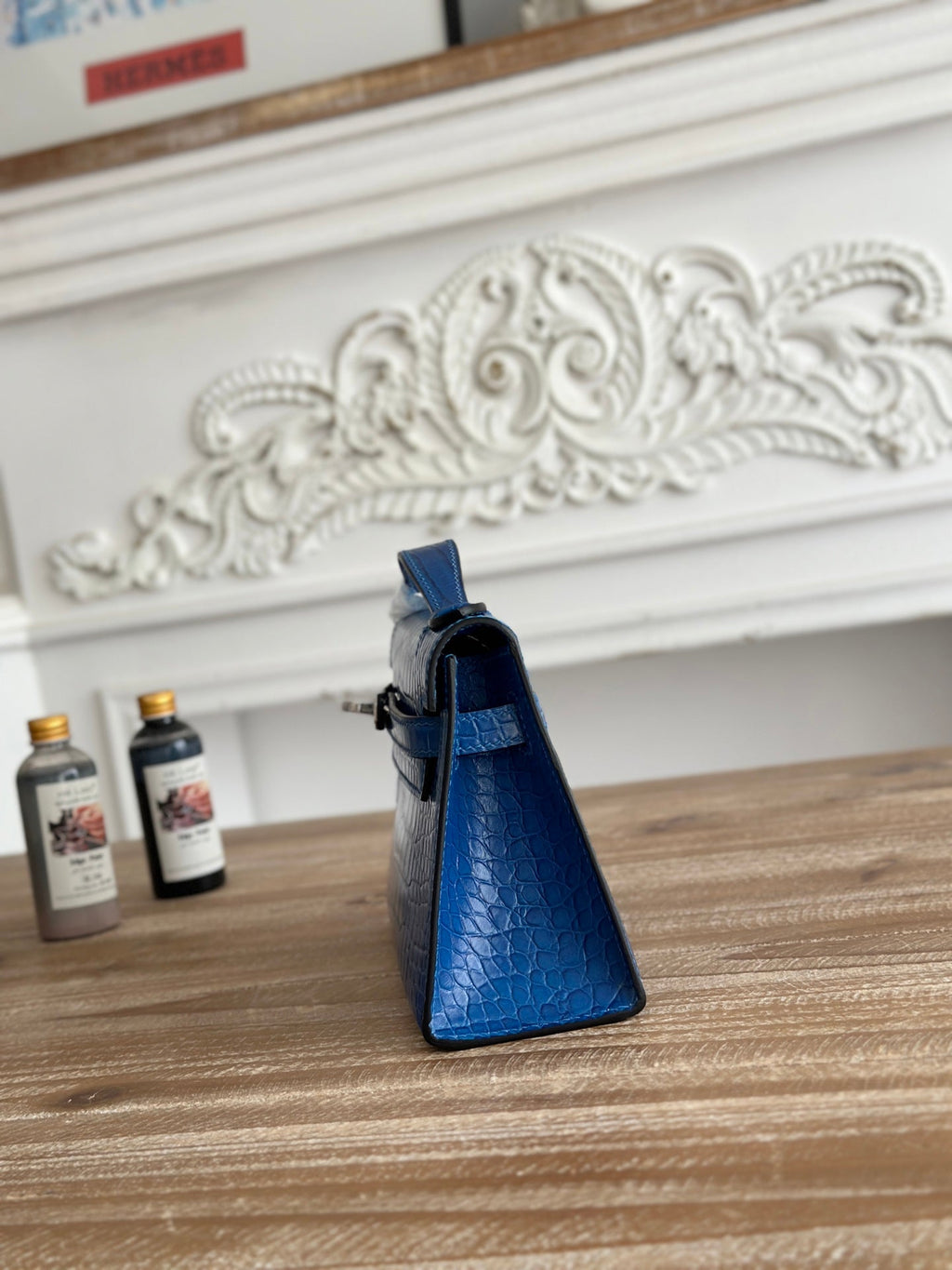 HM 25S KELLY MINI 22 CM IN COBALT BLUE LAMBSKIN WITH CROCODILE EMBOSSING AND SILVER HARDWARE
