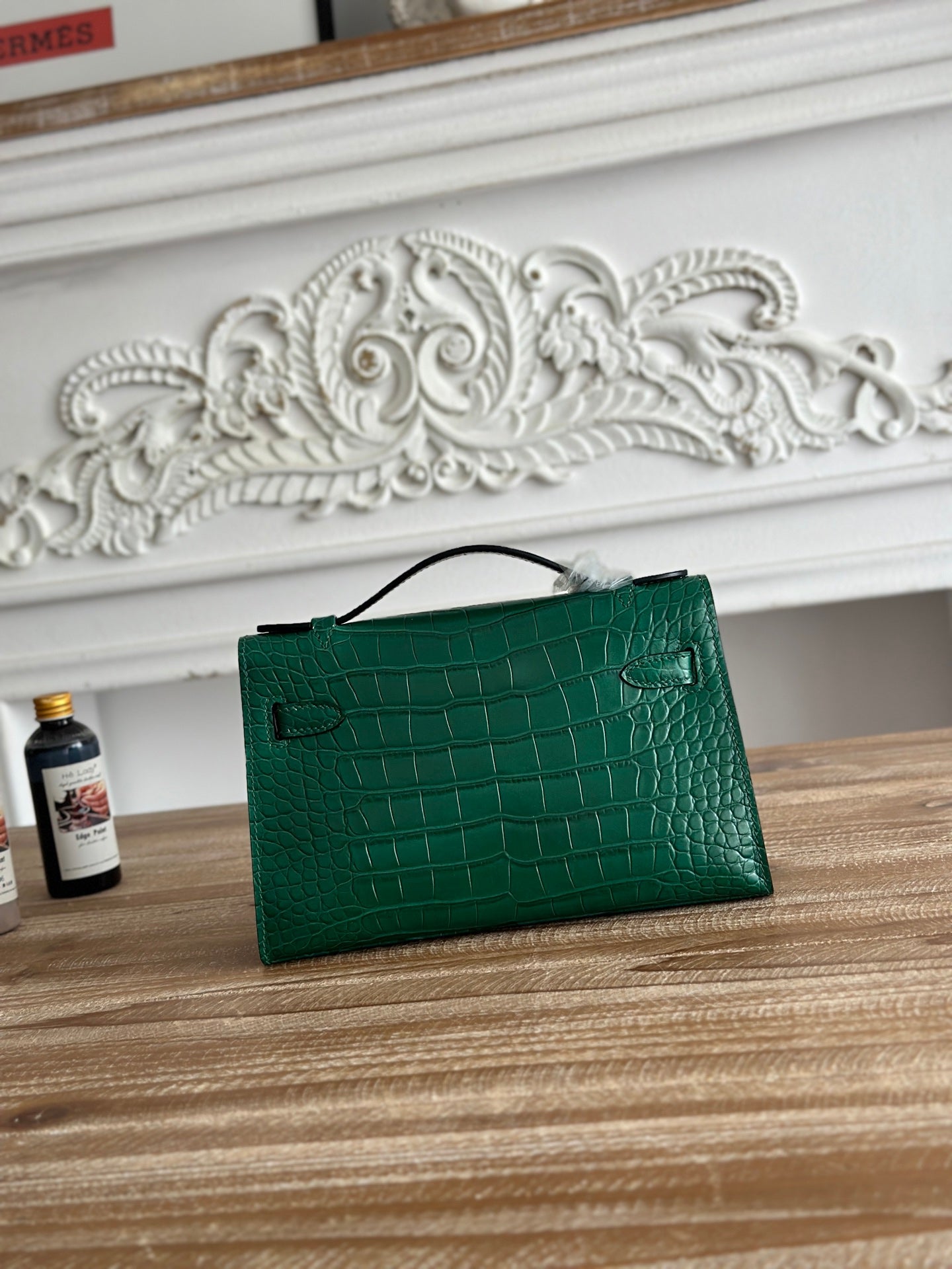 HM 25S KELLY MINI 22 CM IN DARK GREEN LAMBSKIN WITH CROCODILE EMBOSSING AND SILVER HARDWARE
