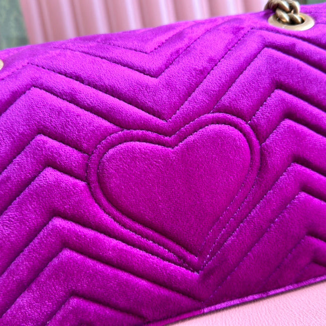 GUCCI 25S GG MARMONT 26 CM IN DEEP PINK PURPLE VELVET WITH GOLD HARDWARE