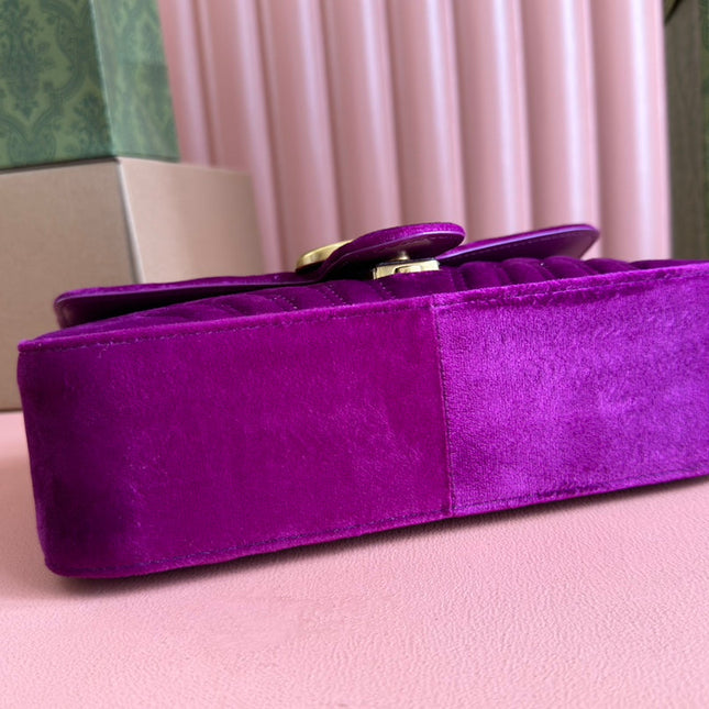 GUCCI 25S GG MARMONT 26 CM IN DEEP PINK PURPLE VELVET WITH GOLD HARDWARE