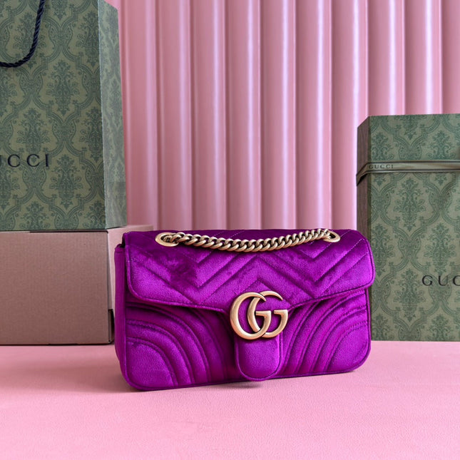 GUCCI 25S GG MARMONT 26 CM IN DEEP PINK PURPLE VELVET WITH GOLD HARDWARE