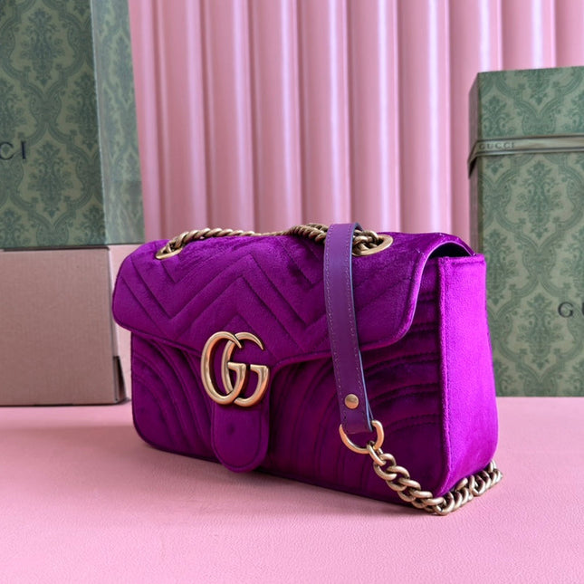 GUCCI 25S GG MARMONT 26 CM IN DEEP PINK PURPLE VELVET WITH GOLD HARDWARE