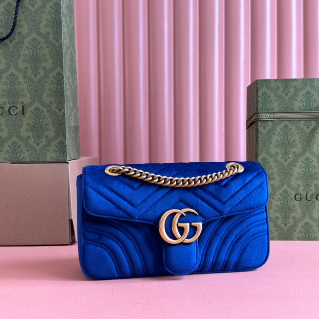 GUCCI 25S GG MARMONT 26 CM IN DARK BLUE VELVET WITH GOLD HARDWARE