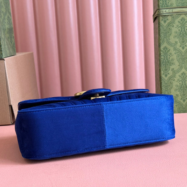 GUCCI 25S GG MARMONT 26 CM IN DARK BLUE VELVET WITH GOLD HARDWARE