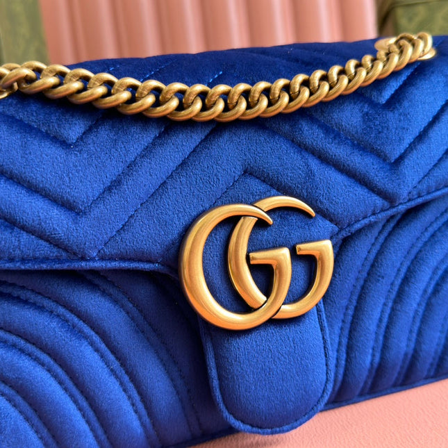 GUCCI 25S GG MARMONT 26 CM IN DARK BLUE VELVET WITH GOLD HARDWARE