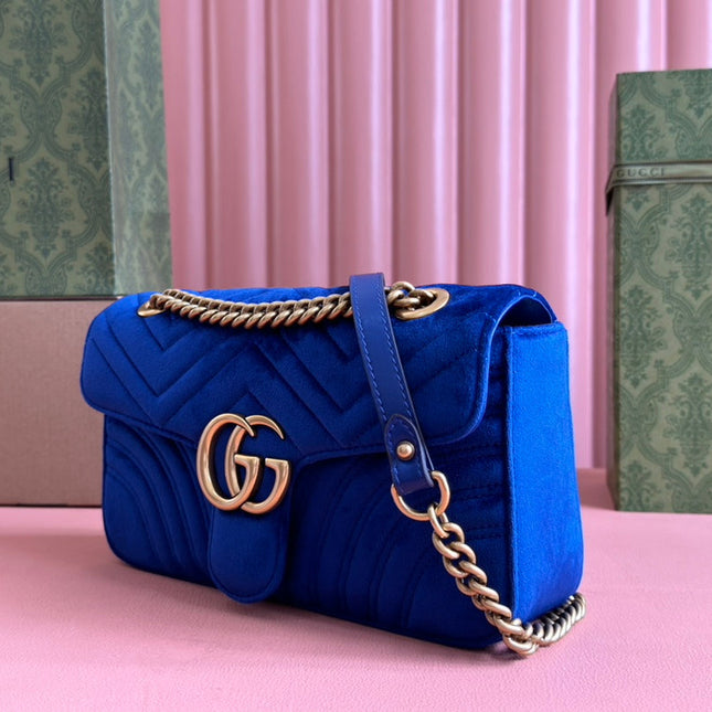 GUCCI 25S GG MARMONT 26 CM IN DARK BLUE VELVET WITH GOLD HARDWARE