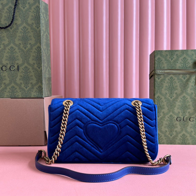 GUCCI 25S GG MARMONT 26 CM IN DARK BLUE VELVET WITH GOLD HARDWARE